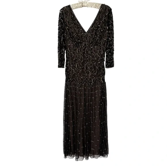 Pisarro Nights Beaded Mesh midi Gown 3/4 sleeve 2P - Picture 4 of 10